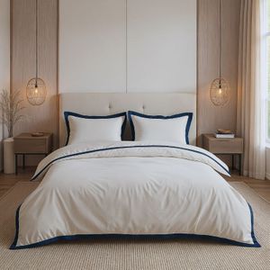 Dekbedovertrek Percale-Katoen - Hotel Emilio - Beige Navy - Tweepersoons (200x200 Cm) - Navy Percale Katoen Katoen - Effen - Dreamhouse - Dekbed-Discounter.nl