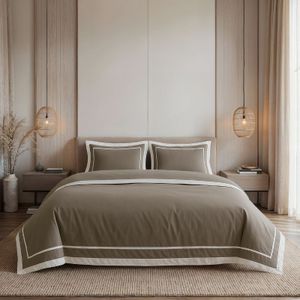 Dekbedovertrek Percale-Katoen - Hotel Gallardo - Taupe Wit - Tweepersoons (200x200 Cm) - Taupe & Wit Percale Katoen Katoen - Strepen - Dreamhouse - Dekbed-Discounter.nl