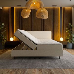 1-Persoons Boxspring met opbergruimte Hotel - Beige 90x210 cm - Pocketvering - Inclusief Topper - Dekbed-Discounter.nl