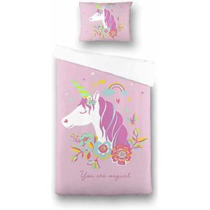 Fresh & Co Kids - Pink Unicorn - Dekbedovertrek - 140x200 cm - Blauw - Dieren