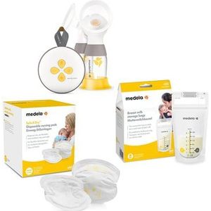 Medela Borstvoedingsset Elektrische dubbele borstkolf Swing Maxi, moedermelkzakjes 50 stuks 180 ml, wegwerpbare zoogkompressen 60 stuks.