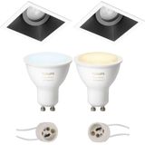 Voordeelset Pragmi Zano Pro - Inbouw Vierkant - Mat Zwart/Wit - Kantelbaar - 93mm - Philips Hue - LED Spot Set GU10 - White Ambiance - Bluetooth