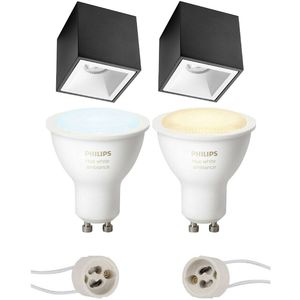 Voordeelset Pragmi Cliron Pro - Opbouw Vierkant - Mat Zwart/Wit - Verdiept - 90mm - Philips Hue - Opbouwspot Set GU10 - White Ambiance - Bluetooth