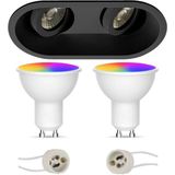 Voordeelset LED Spot Set GU10 - Facto - Smart LED - Wifi LED - Slimme LED - 5W - RGB+CCT - Aanpasbare Kleur - Dimbaar - Pragmi Zano Pro - Inbouw Ovaal Dubbel - Mat Zwart - Kantelbaar - 185x93mm