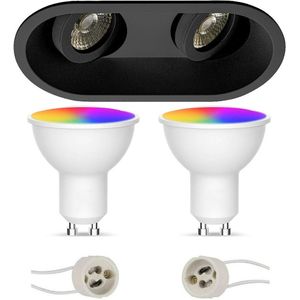 Voordeelset LED Spot Set GU10 - Facto - Smart LED - Wifi LED - Slimme LED - 5W - RGB+CCT - Aanpasbare Kleur - Dimbaar - Afstandsbediening - Pragmi Zano Pro - Inbouw Ovaal Dubbel - Mat Zwart - Kantelbaar - 185x93mm