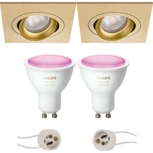 Voordeelset Pragmi Borny Pro - Inbouw Vierkant - Mat Goud - Kantelbaar - 92mm - Philips Hue - LED Spot Set GU10 - White and Color Ambiance - Bluetooth