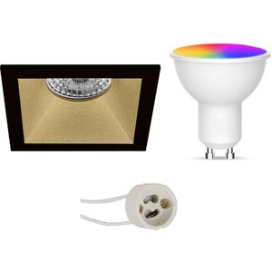 Voordeelset LED Spot Set GU10 - Facto - Smart LED - Wifi LED - Slimme LED - 5W - RGB+CCT - Aanpasbare Kleur - Dimbaar - Pragmi Pollon Pro - Inbouw Vierkant - Mat Zwart/Goud - Verdiept - 82mm