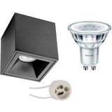 Voordeelset: Opbouwspot Set - Pragmi Cliron Pro - GU10 Fitting - Opbouw Vierkant - Mat Zwart - Verdiept - 90mm - Philips - CorePro 827 36D - 5W - Warm Wit 2700K - Dimbaar