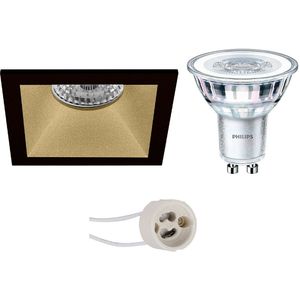Voordeelset: LED Spot Set - Pragmi Pollon Pro - GU10 Fitting - Inbouw Vierkant - Mat Zwart/Goud - Verdiept - 82mm - Philips - CorePro 830 36D - 4W - Warm Wit 3000K - Dimbaar