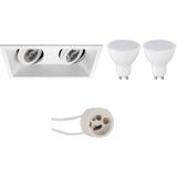 Voordeelset LED Spot Set - Aigi - Pragmi Zano Pro - GU10 Fitting - Inbouw Rechthoek Dubbel - Mat Wit - 6W - Helder/Koud Wit 6400K - Kantelbaar - 185x93mm