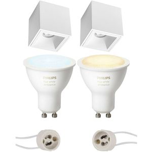 Voordeelset Pragmi Cliron Pro - Opbouw Vierkant - Mat Wit - Verdiept - 90mm - Philips Hue - Opbouwspot Set GU10 - White Ambiance - Bluetooth