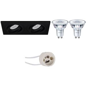 Voordeelset: LED Spot Set - Pragmi Borny Pro - GU10 Fitting - Inbouw Rechthoek Dubbel - Mat Zwart - Kantelbaar - 175x92mm - Philips - CorePro 830 36D - 5W - Warm Wit 3000K - Dimbaar