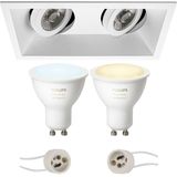 Voordeelset Pragmi Zano Pro - Inbouw Rechthoek Dubbel - Mat Wit - Kantelbaar - 185x93mm - Philips Hue - LED Spot Set GU10 - White Ambiance - Bluetooth