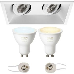 Voordeelset Pragmi Zano Pro - Inbouw Rechthoek Dubbel - Mat Wit - Kantelbaar - 185x93mm - Philips Hue - LED Spot Set GU10 - White Ambiance - Bluetooth