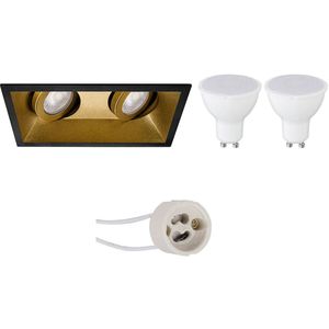 Voordeelset LED Spot Set - Aigi - Pragmi Zano Pro - GU10 Fitting - Inbouw Rechthoek Dubbel - Mat Zwart/Goud - 6W - Helder/Koud Wit 6400K - Kantelbaar - 185x93mm