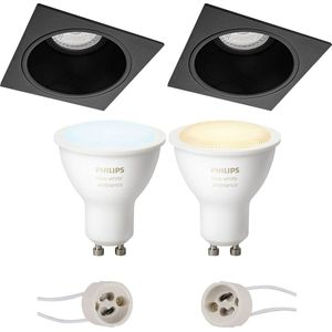 Voordeelset Pragmi Minko Pro - Inbouw Vierkant - Mat Zwart - Verdiept - 90mm - Philips Hue - LED Spot Set GU10 - White Ambiance - Bluetooth