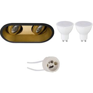 Voordeelset LED Spot Set - Aigi - Pragmi Zano Pro - GU10 Fitting - Inbouw Ovaal Dubbel - Mat Zwart/Goud - 6W - Helder/Koud Wit 6400K - Kantelbaar - 185x93mm