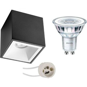 Voordeelset: Opbouwspot Set - Pragmi Cliron Pro - GU10 Fitting - Opbouw Vierkant - Mat Zwart/Wit - Verdiept - 90mm - Philips - CorePro 827 36D - 5W - Warm Wit 2700K - Dimbaar