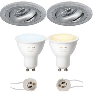 Voordeelset Pragmi Alpin Pro - Inbouw Rond - Mat Zilver - Kantelbaar Ø92mm - Philips Hue - LED Spot Set GU10 - White Ambiance - Bluetooth