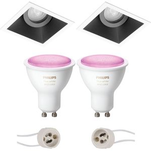 Voordeelset Pragmi Zano Pro - Inbouw Vierkant - Mat Zwart/Wit - Kantelbaar - 93mm - Philips Hue - LED Spot Set GU10 - White and Color Ambiance - Bluetooth