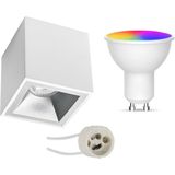 Voordeelset Opbouwspot Set GU10 - Facto - Smart LED - Wifi LED - Slimme LED - 5W - RGB+CCT - Aanpasbare Kleur - Dimbaar - Afstandsbediening - Pragmi Cliron Pro - Opbouw Vierkant - Mat Wit/Zilver - Verdiept - 90mm