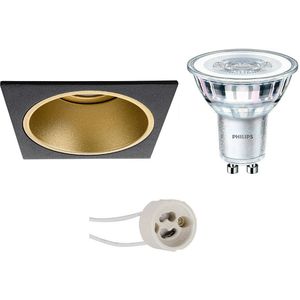 Voordeelset: LED Spot Set - Pragmi Minko Pro - GU10 Fitting - Inbouw Vierkant - Mat Zwart/Goud - Verdiept - 90mm - Philips - CorePro 840 36D - 4W - Natuurlijk Wit 4000K - Dimbaar