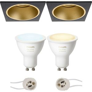 Voordeelset Pragmi Minko Pro - Inbouw Vierkant - Mat Zwart/Goud - Verdiept - 90mm - Philips Hue - LED Spot Set GU10 - White Ambiance - Bluetooth