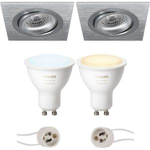 Voordeelset Pragmi Borny Pro - Inbouw Vierkant - Mat Zilver - Kantelbaar - 92mm - Philips Hue - LED Spot Set GU10 - White Ambiance - Bluetooth