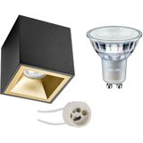 Voordeelset: Opbouwspot Set - Pragmi Cliron Pro - GU10 Fitting - Opbouw Vierkant - Mat Zwart/Goud - Verdiept - 90mm - Philips - MASTER 927 36D VLE - 3.7W - Warm Wit 2200K-2700K - DimTone Dimbaar