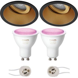 Voordeelset Pragmi Zano Pro - Inbouw Rond - Mat Zwart/Goud - Kantelbaar - Ø93mm - Philips Hue - LED Spot Set GU10 - White and Color Ambiance - Bluetooth