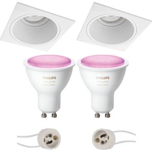 Voordeelset Pragmi Minko Pro - Inbouw Vierkant - Mat Wit - Verdiept - 90mm - Philips Hue - LED Spot Set GU10 - White and Color Ambiance - Bluetooth