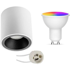 Voordeelset Opbouwspot Set GU10 - Facto - Smart LED - Wifi LED - Slimme LED - 5W - RGB+CCT - Aanpasbare Kleur - Dimbaar - Afstandsbediening - Pragmi Cliron Pro - Opbouw Rond - Mat Wit/Zwart - Verdiept - Ø90mm