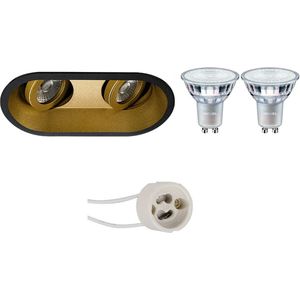 Voordeelset: LED Spot Set - Pragmi Zano Pro - GU10 Fitting - Inbouw Ovaal Dubbel - Mat Zwart/Goud - Kantelbaar - 185x93mm - Philips - MASTER 927 36D VLE - 4.9W - Warm Wit 2200K-2700K - DimTone Dimbaar