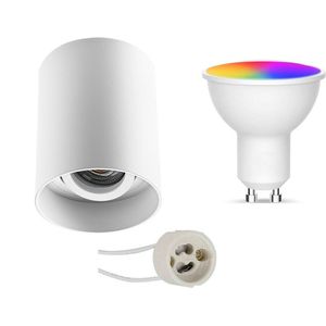 Voordeelset Opbouwspot Set GU10 - Facto - Smart LED - Wifi LED - Slimme LED - 5W - RGB+CCT - Aanpasbare Kleur - Dimbaar - Pragmi Luxina Pro - Opbouw Rond - Mat Wit - Verdiept - Kantelbaar - Ø90mm