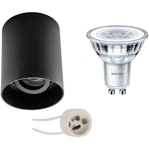 Voordeelset: Opbouwspot Set - Pragmi Luxina Pro - GU10 Fitting - Opbouw Rond - Mat Zwart - Verdiept - Kantelbaar - Ø90mm - Philips - CorePro 830 36D - 5W - Warm Wit 3000K - Dimbaar