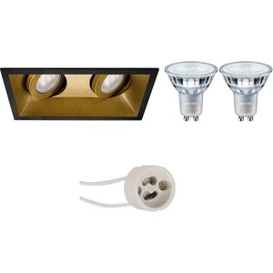 Voordeelset: LED Spot Set - Pragmi Zano Pro - GU10 Fitting - Inbouw Rechthoek Dubbel - Mat Zwart/Goud - Kantelbaar - 185x93mm - Philips - MASTER 927 36D VLE - 4.9W - Warm Wit 2200K-2700K - DimTone Dimbaar