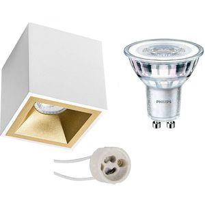 Voordeelset: Opbouwspot Set - Pragmi Cliron Pro - GU10 Fitting - Opbouw Vierkant - Mat Wit/Goud - Verdiept - 90mm - Philips - CorePro 830 36D - 3W - Warm Wit 3000K - Dimbaar
