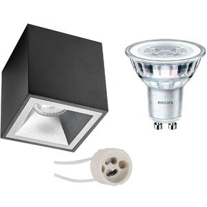 Voordeelset: Opbouwspot Set - Pragmi Cliron Pro - GU10 Fitting - Opbouw Vierkant - Mat Zwart/Zilver - Verdiept - 90mm - Philips - CorePro 830 36D - 3.5W - Warm Wit 3000K