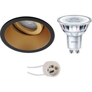 Voordeelset: LED Spot Set - Pragmi Zano Pro - GU10 Fitting - Inbouw Rond - Mat Zwart/Goud - Kantelbaar - Ø93mm - Philips - CorePro 830 36D - 4W - Warm Wit 3000K - Dimbaar