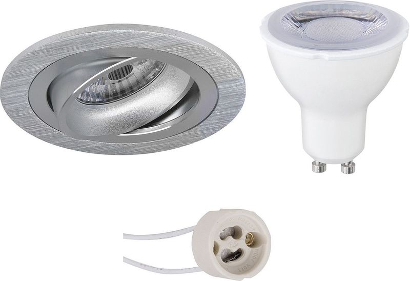 LED Spot Set - Pragmi Alpin Pro - Dimbaar - Inbouw Rond - Mat Zilver - GU10 Fitting - 6W - Helder/Koud Wit 6400K - Kantelbaar Ø92mm