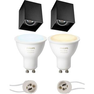 Voordeelset Pragmi Luxina Pro - Opbouw Vierkant - Mat Zwart - Verdiept - Kantelbaar - 90mm - Philips Hue - Opbouwspot Set GU10 - White Ambiance - Bluetooth