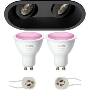 Voordeelset Pragmi Zano Pro - Inbouw Ovaal Dubbel - Mat Zwart - Kantelbaar - 185x93mm - Philips Hue - LED Spot Set GU10 - White and Color Ambiance - Bluetooth