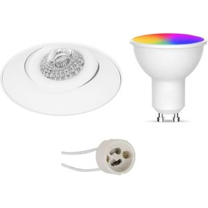Voordeelset LED Spot Set GU10 - Facto - Smart LED - Wifi LED - Slimme LED - 5W - RGB+CCT - Aanpasbare Kleur - Dimbaar - Pragmi Nivas Pro - Inbouw Rond - Mat Wit - Trimless - Kantelbaar - Ø150mm