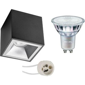 Voordeelset: Opbouwspot Set - Pragmi Cliron Pro - GU10 Fitting - Opbouw Vierkant - Mat Zwart/Zilver - Verdiept - 90mm - Philips - MASTER 927 36D VLE - 3.7W - Warm Wit 2200K-2700K - DimTone Dimbaar