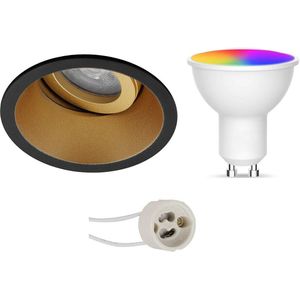 Voordeelset LED Spot Set GU10 - Facto - Smart LED - Wifi LED - Slimme LED - 5W - RGB+CCT - Aanpasbare Kleur - Dimbaar - Afstandsbediening - Pragmi Zano Pro - Inbouw Rond - Mat Zwart/Goud - Kantelbaar - Ø93mm