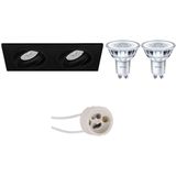 Voordeelset: LED Spot Set - Pragmi Borny Pro - GU10 Fitting - Inbouw Rechthoek Dubbel - Mat Zwart - Kantelbaar - 175x92mm - Philips - CorePro 827 36D - 3.5W - Warm Wit 2700K