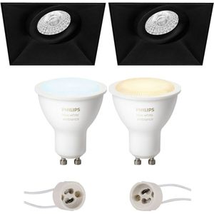 Voordeelset Pragmi Nivas Pro - Inbouw Vierkant - Mat Zwart - Trimless - Kantelbaar - 150mm - Philips Hue - LED Spot Set GU10 - White Ambiance - Bluetooth