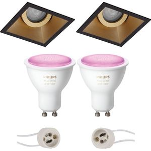 Voordeelset Pragmi Zano Pro - Inbouw Vierkant - Mat Zwart/Goud - Kantelbaar - 93mm - Philips Hue - LED Spot Set GU10 - White and Color Ambiance - Bluetooth