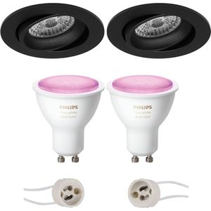 Pragmi Delton Pro - Inbouw Rond - Mat Zwart - Kantelbaar - Ø82mm - Philips Hue - LED Spot Set GU10 - White and Color Ambiance - Bluetooth