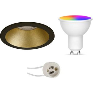 Voordeelset LED Spot Set GU10 - Facto - Smart LED - Wifi LED - Slimme LED - 5W - RGB+CCT - Aanpasbare Kleur - Dimbaar - Afstandsbediening - Pragmi Pollon Pro - Inbouw Rond - Mat Zwart/Goud - Verdiept - Ø82mm